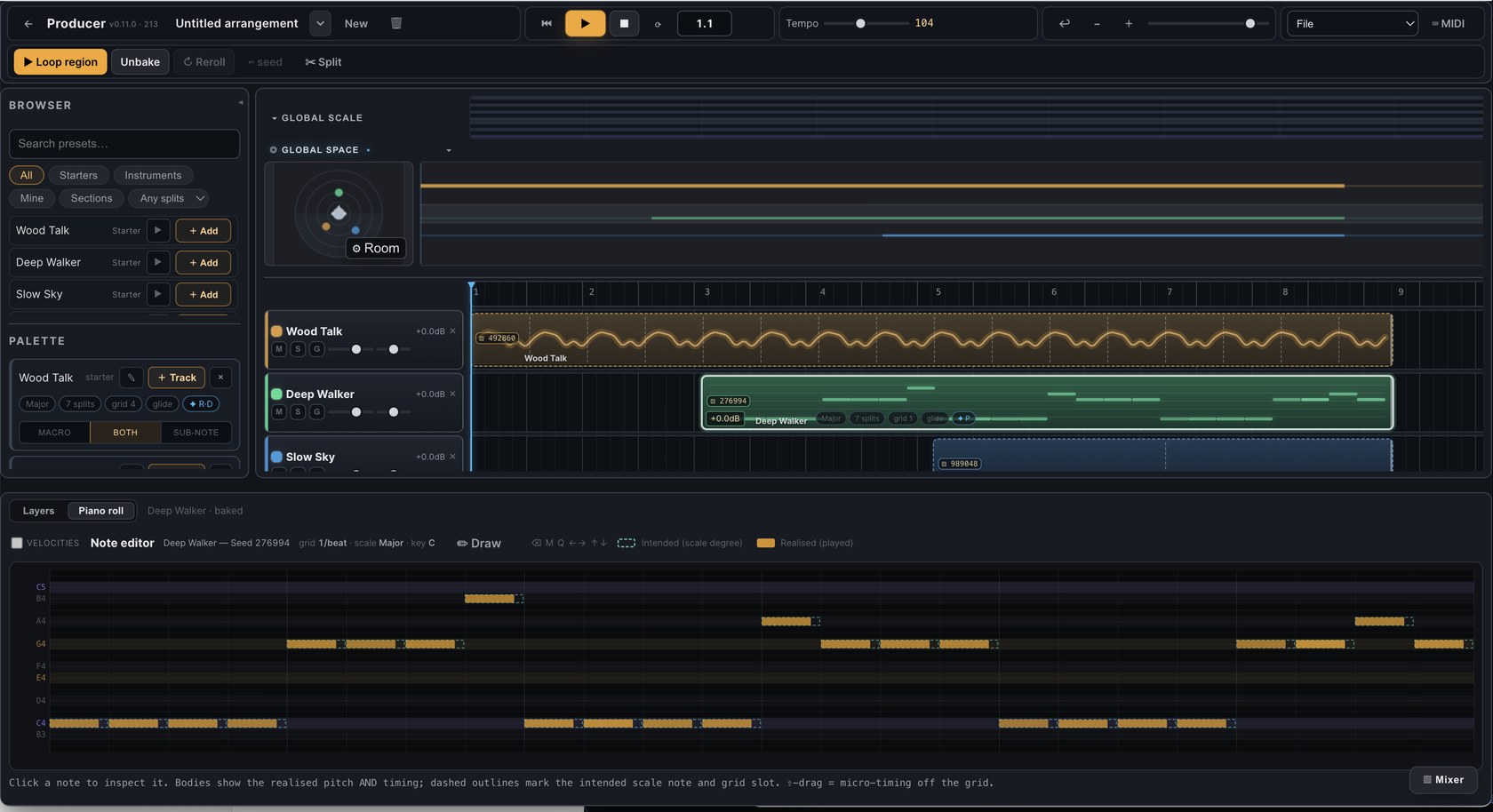 Soundinator's producer with the piano-roll note editor open beneath a multitrack timeline of seed-reproducible regions.
