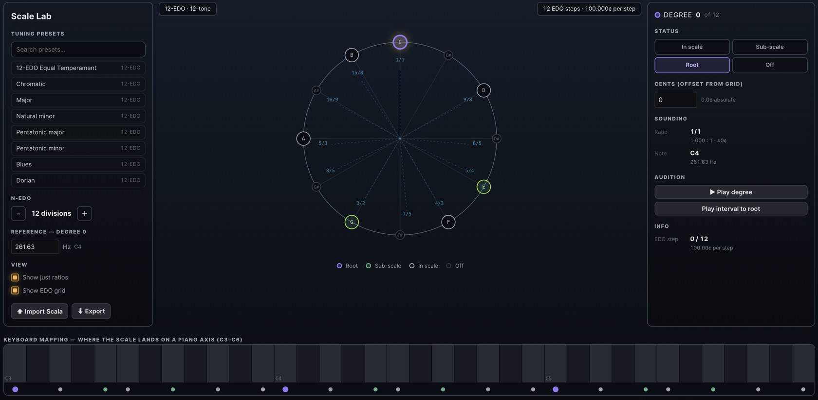 Soundinator's Scale Lab: a microtonal tuning wheel with just-ratio and EDO grids, tuning presets and Scala import and export.