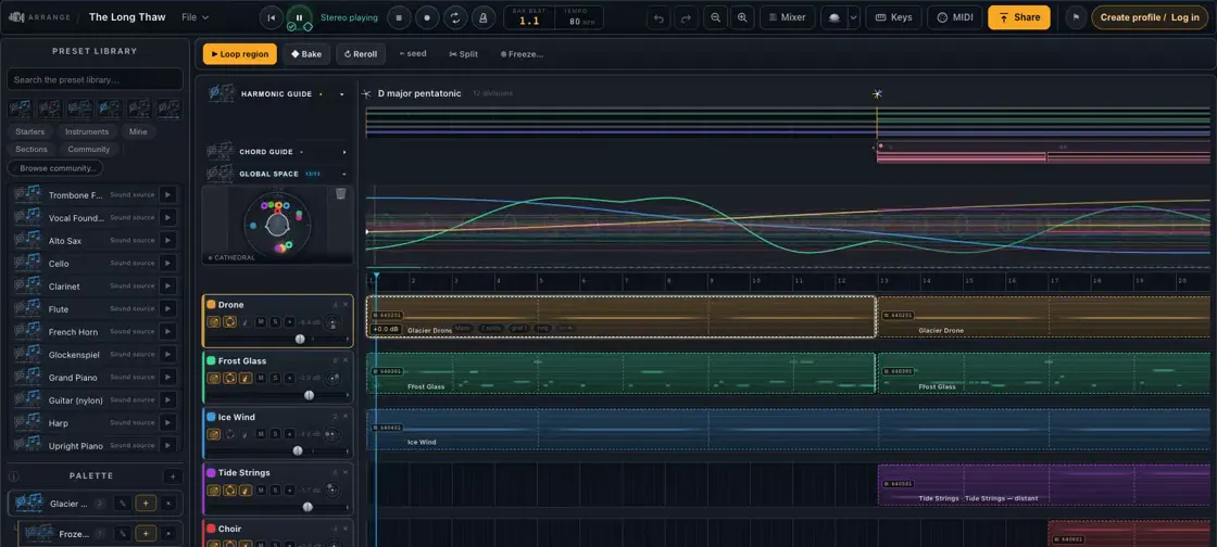 Soundinator's producer: a preset library beside a multitrack timeline with harmonic guide, chord guide and global space lanes.