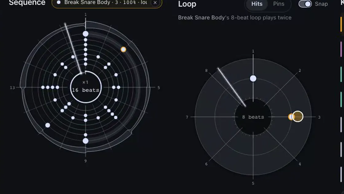Soundinator's two-circle sequencer: a 16-beat sequence ring beside an 8-beat percussion loop.