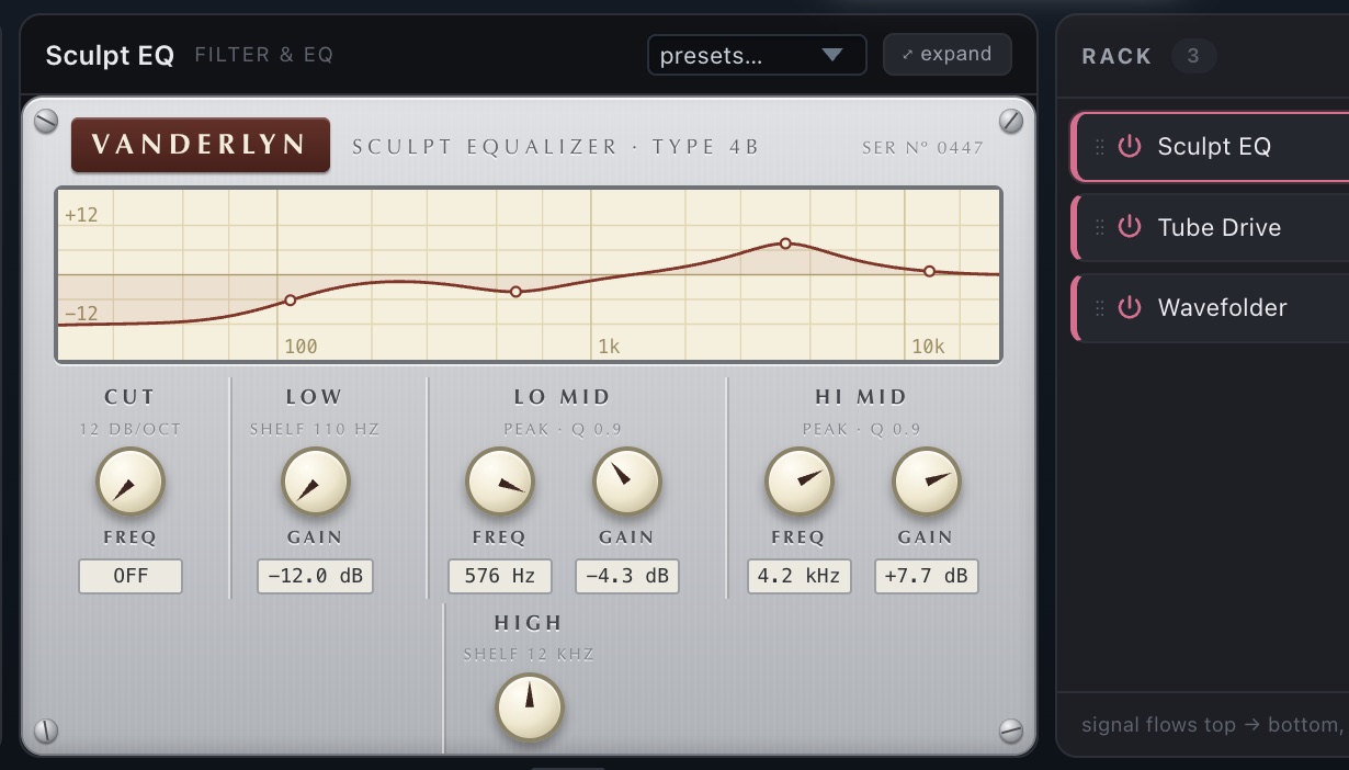 The Sculpt EQ, a skeuomorphic program equaliser, open in Soundinator's per-layer effects rack ahead of a tube drive and wavefolder.