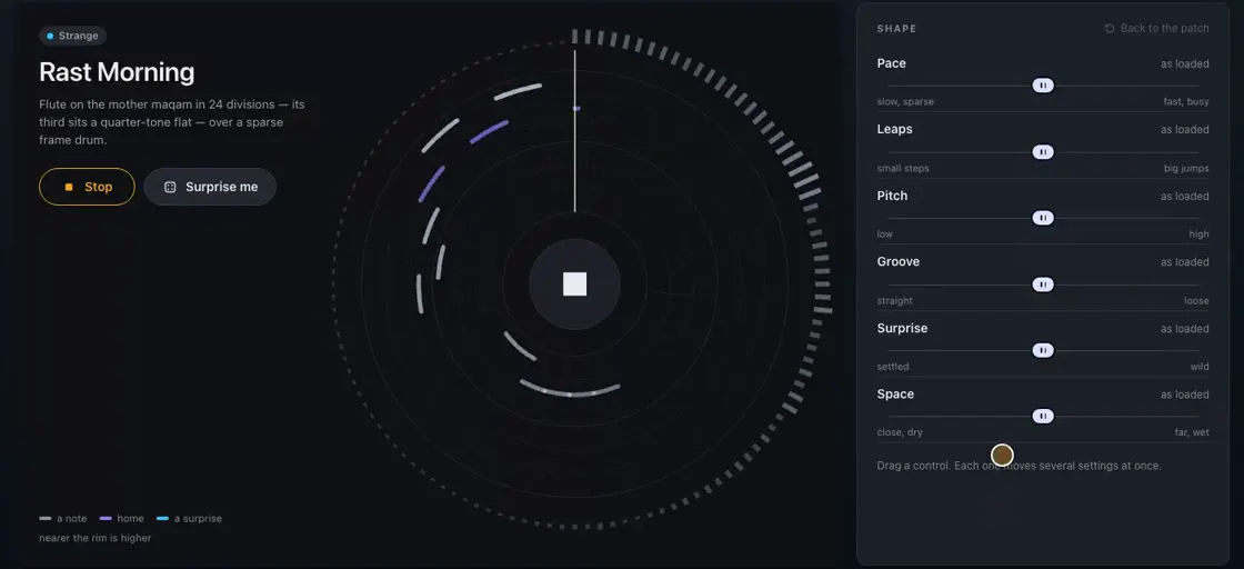Soundinator's Play page: a loaded patch, Rast Morning, drawn as a ring of notes beside six broad controls — Pace, Leaps, Pitch, Groove, Surprise and Space.