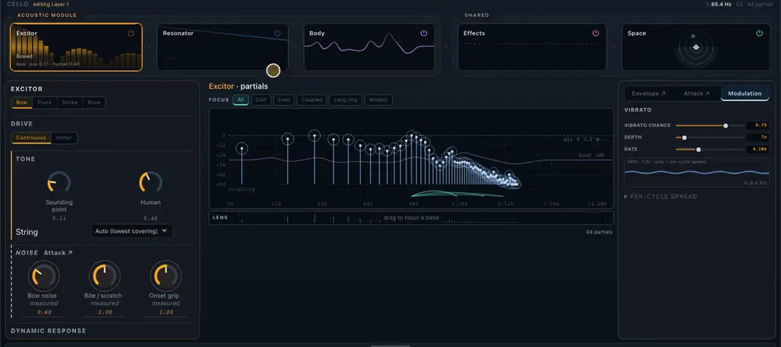 Soundinator's sound designer: excitor, resonator, body, effects and space stages above the excitor controls and a partial field.